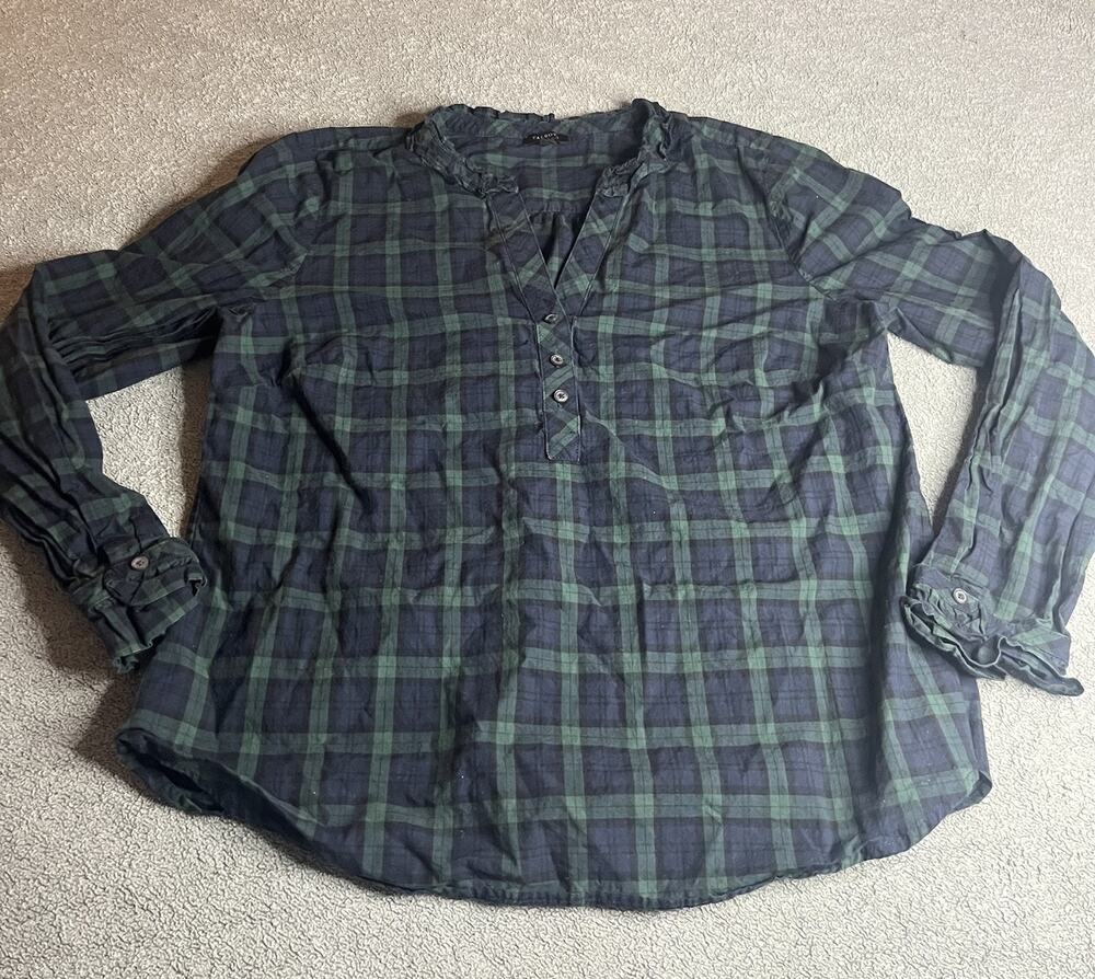 Talbots Black Watch Plaid Ruffle Trim Popover Blouse Womens Size L Tartan B399